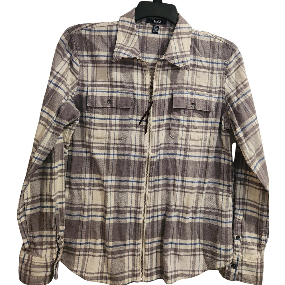 CHAPS Plaid Flannel Zip Front Shirt Jacket Women's L G‎ Beige Gray Blue Pockets
